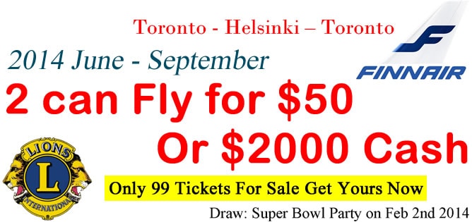 2 can fly return to Helsinki for $50 only or $2000 cash pay raffle. Get your tickets now to get a free beer!